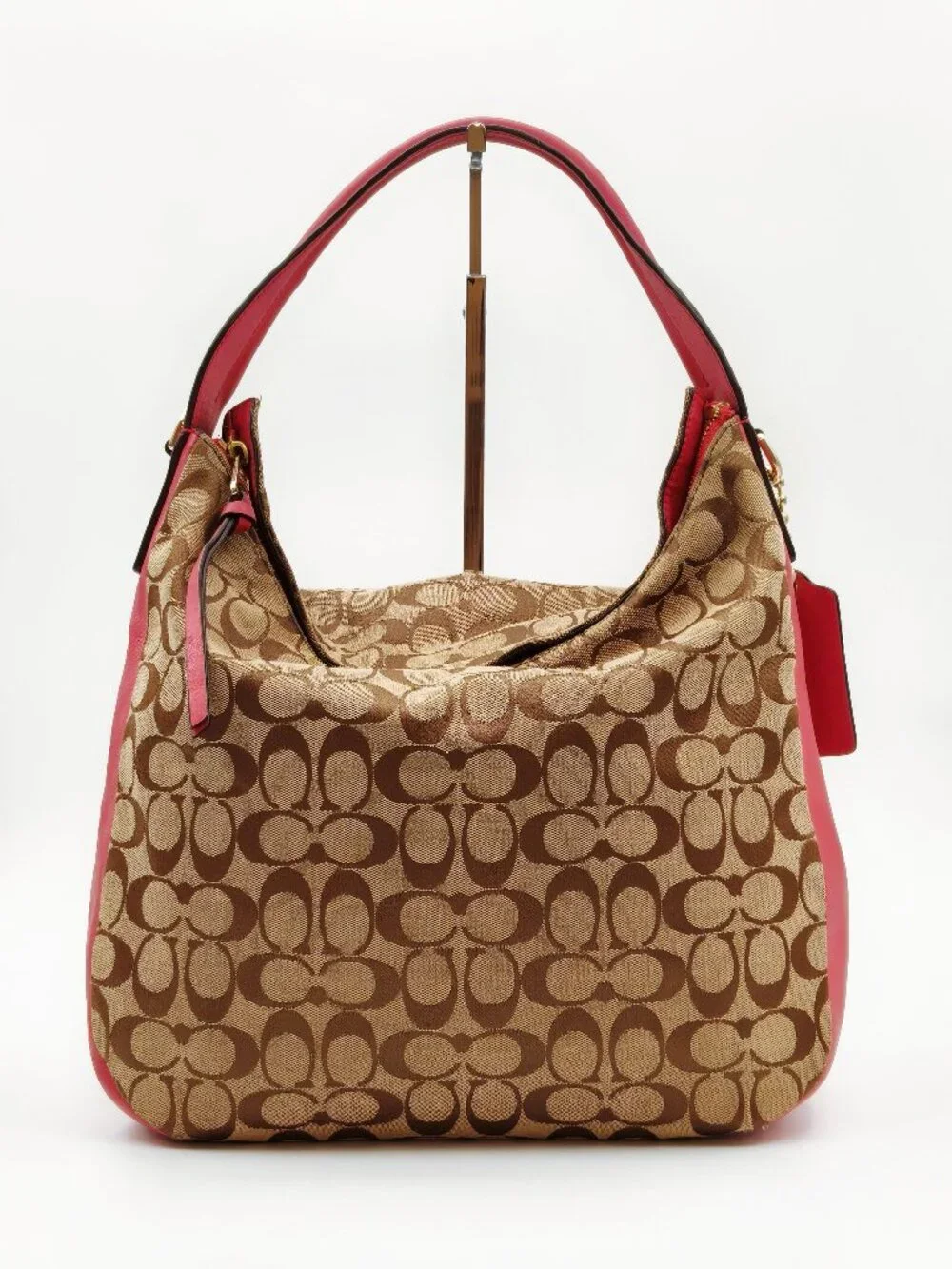 Coach Signature C Jacquard Hobo Shoulder Bag Brown Pink Leather Trim